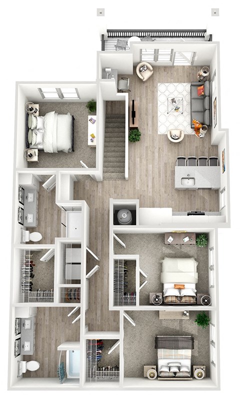 a 3 bedroom house floor plan with roommates and a balcony